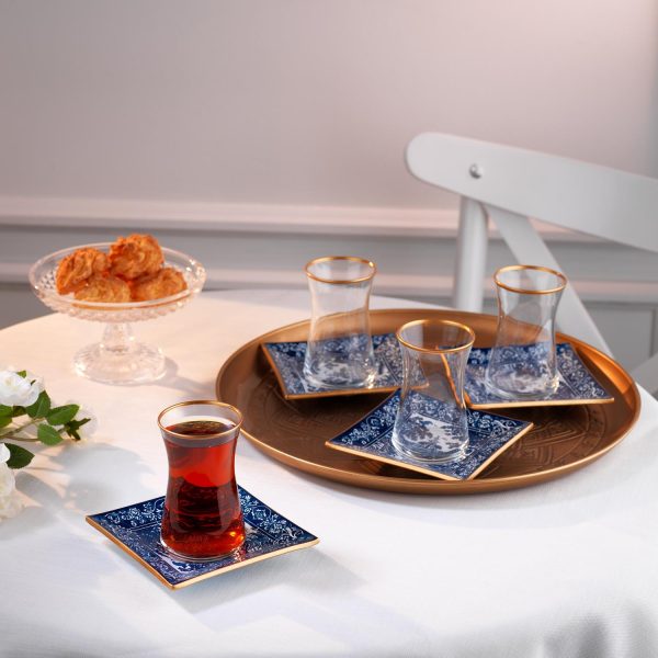 Schafer Print kare cam çay seti - 8 parça lacivert